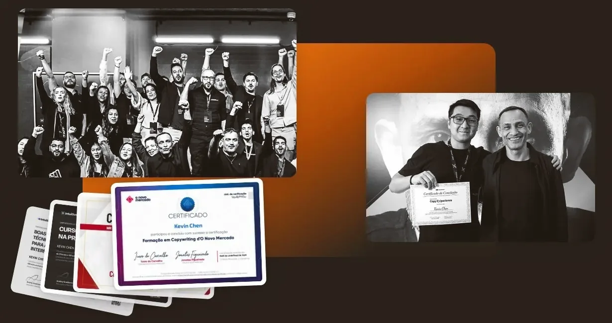 Colagem: Kevin em evento, dando aula e certificados de cursos