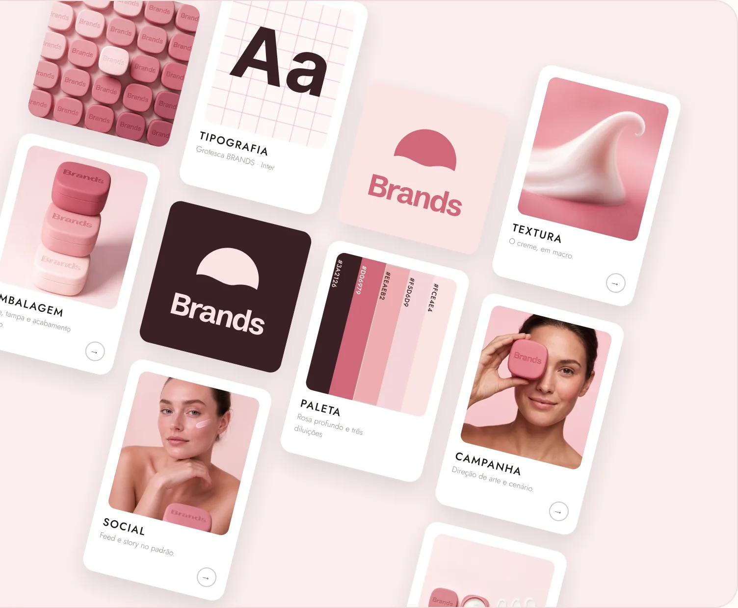 Colagem com logotipo, paleta, tipografia, embalagem e aplicações da marca geradas pelas skills