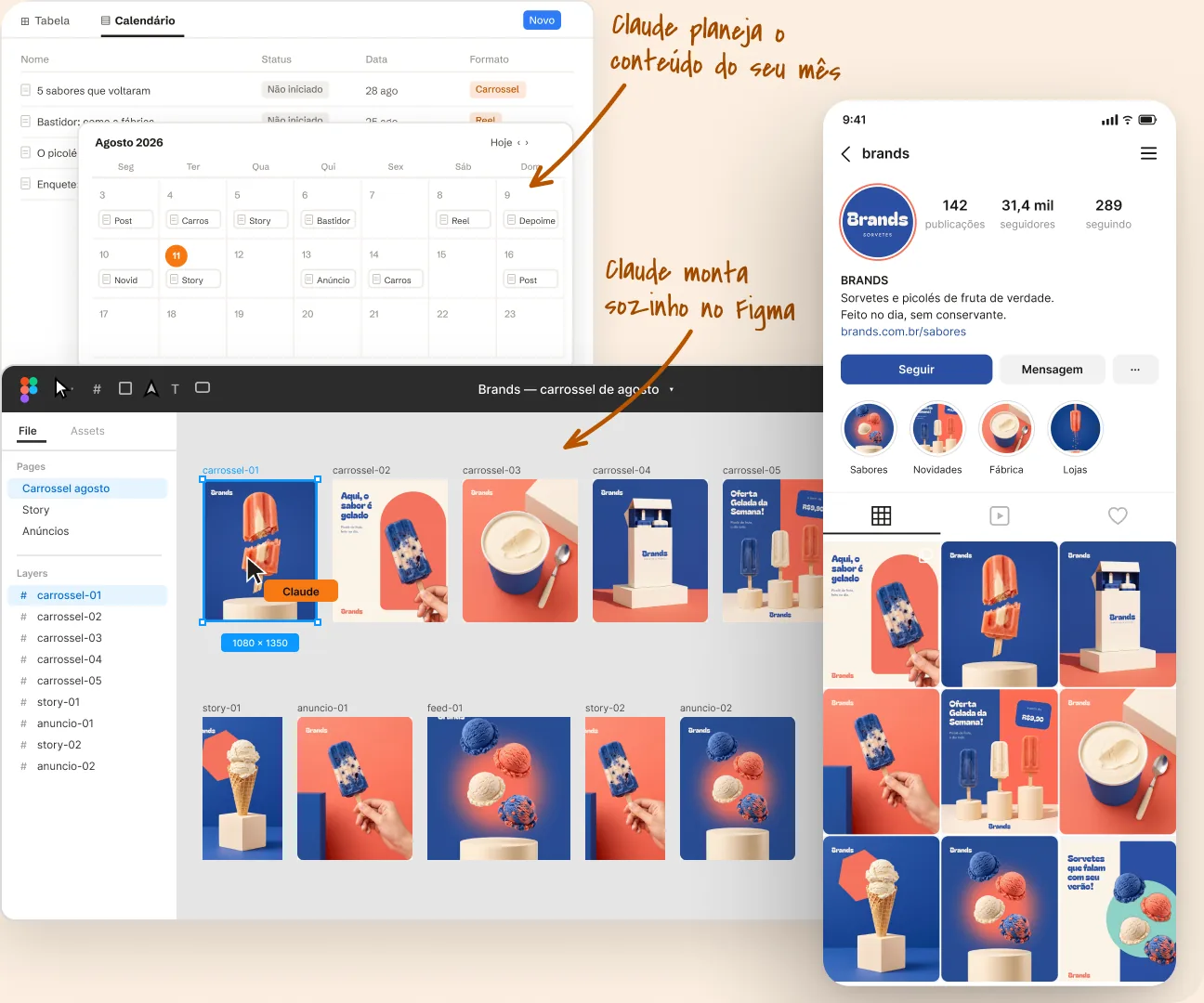 Planejamento do mês no Notion, diagramação no Figma e feed do Instagram montado