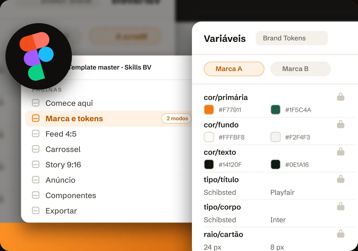 Template master do Figma com variáveis de marca e tokens