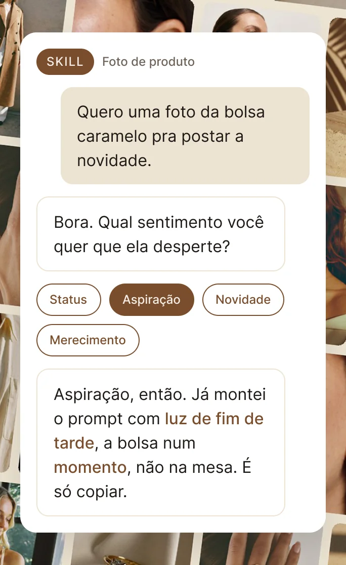Conversa com uma skill: ela pergunta o sentimento da foto e monta o prompt